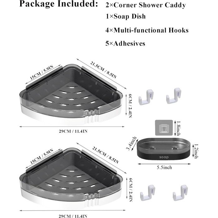 Кутовий душовий кадді WeshyiGo, 2 клейкі полиці з мильницею та 4 гачками, настінні для ванної кімнати та кухні