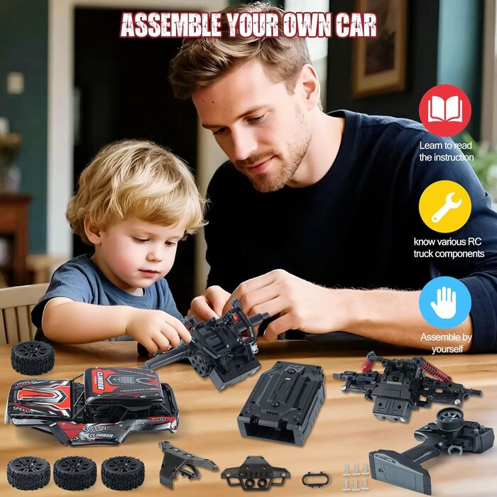 Радіокерований позашляховик Monstertruck 2.4GHz, 25 км/год, червоний - DIY збірка, великий розмір, для дорослих та дітей