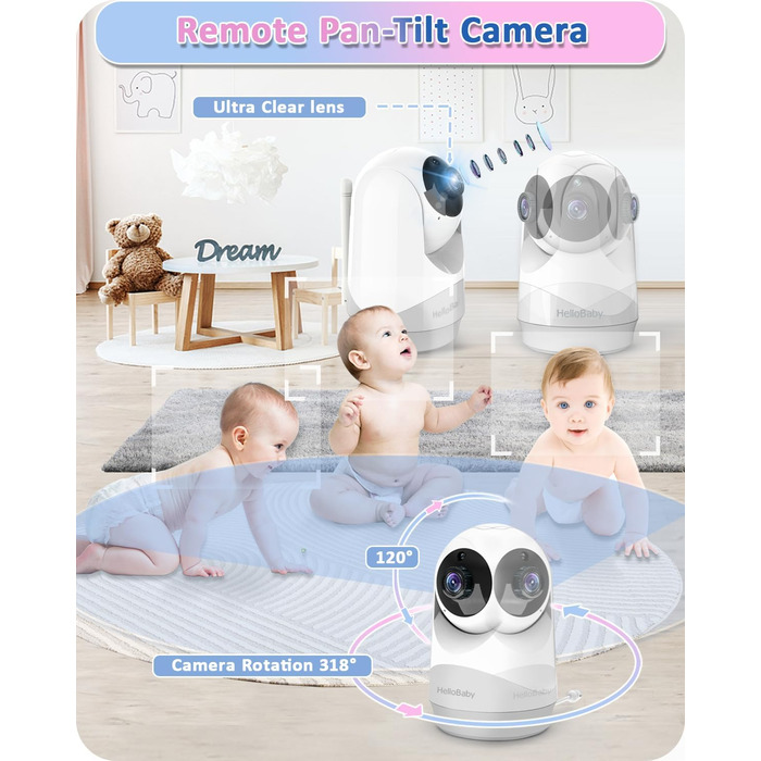 Радіоняня HelloBaby з камерою, 29 год автономії, поворотна камера 318°/120°, нічний режим, 2-сторонній зв'язок HB6240