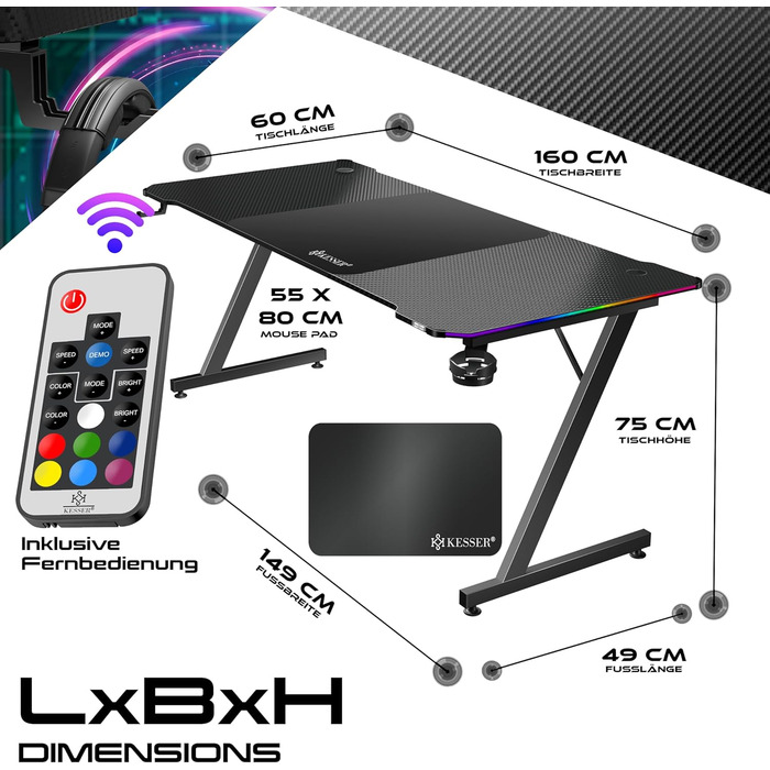 Ігровий стіл KESSER® LED 160x60 см з Z-подібною формою | З кріпленням для навушників та вуглецевим покриттям | Ергономічний стіл для ПК | Чорний, з тримачем для напоїв