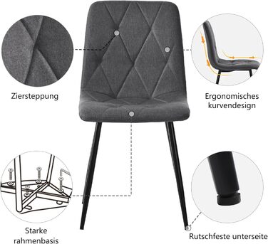 KUAKE Комплект обідньої групи: стіл 117x68 см та 4 стільці, сучасний прямокутний обідній стіл, сірі стільці з льону, чорні ніжки