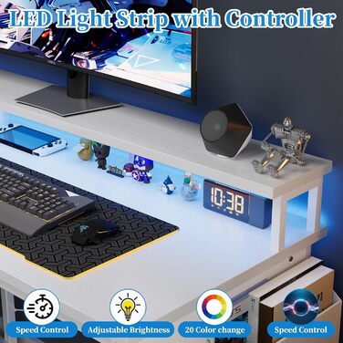 Кутовий стіл Grandder з LED-підсвічуванням та розетками, 120 см, ігровий стіл з 2 полицями, стіл для комп'ютера з підставкою для монітора, робоче місце для ПК, Homeoffice, карбоновий чорний (120 x 70 см, білий)