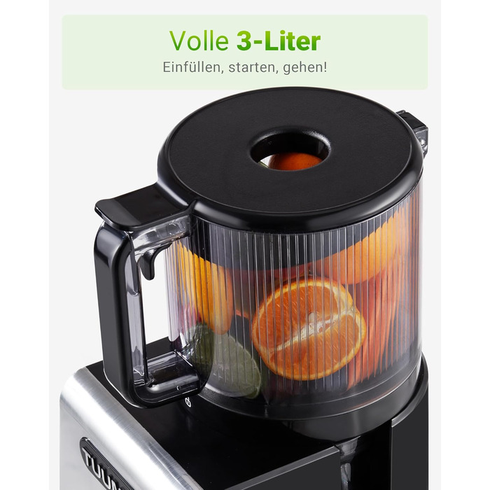TUUMIIST Шнековий соковитискач XXL, 150 мм, 3 л, для сім'ї, 99% вижимка, BPA-free, REV Anti-Blockier System, чорний