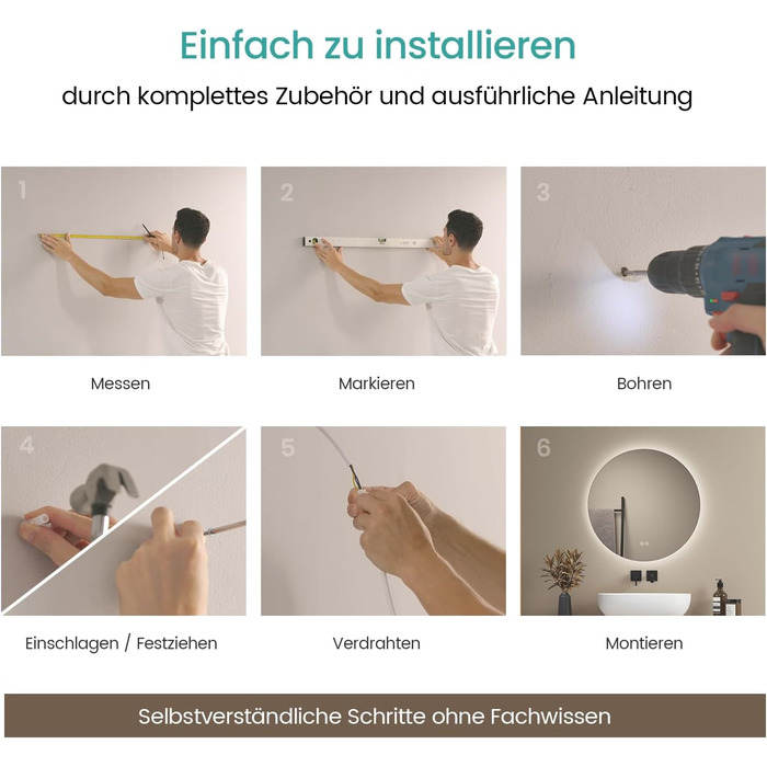 Дзеркало для ванної кімнати EMKE круглої форми з підсвічуванням 80 см – дзеркало з 3 кольорами світла, регулюванням яскравості, сенсорним управлінням, функцією пам'яті, енергозберігаюче – для ванної кімнати та на стіну (50x50 см)