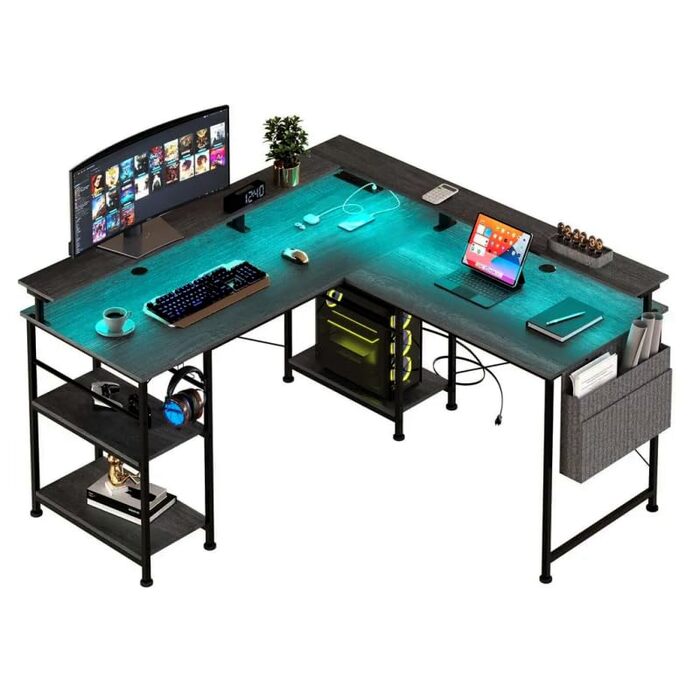 Ігровий кутовий стіл L-подібний з LED-підсвічуванням та розетками, 140x140 см, реверсивний комп'ютерний стіл з підставкою для монітора, 4 полиці та бокові кишені для дому та офісу (Чорний, 140x140x85 см)