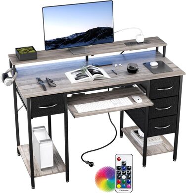 Ігровий стіл BEXEVUE з розетками та LED-підсвіткою 120x50 см. Сучасний комп'ютерний стіл з підставкою для клавіатури, 4 висувними ящиками та великою полицею для навчання, ігор та роботи. Колір: Pure Gray