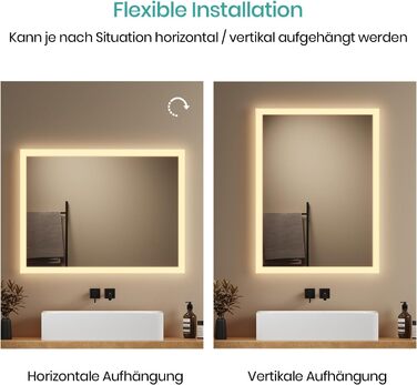 Дзеркало для ванної кімнати EMKE® з підсвічуванням 80x60 см, тепле біле світло 3000K, вимикач, вертикальна/горизонтальна установка, IP44, енергозберігаюче