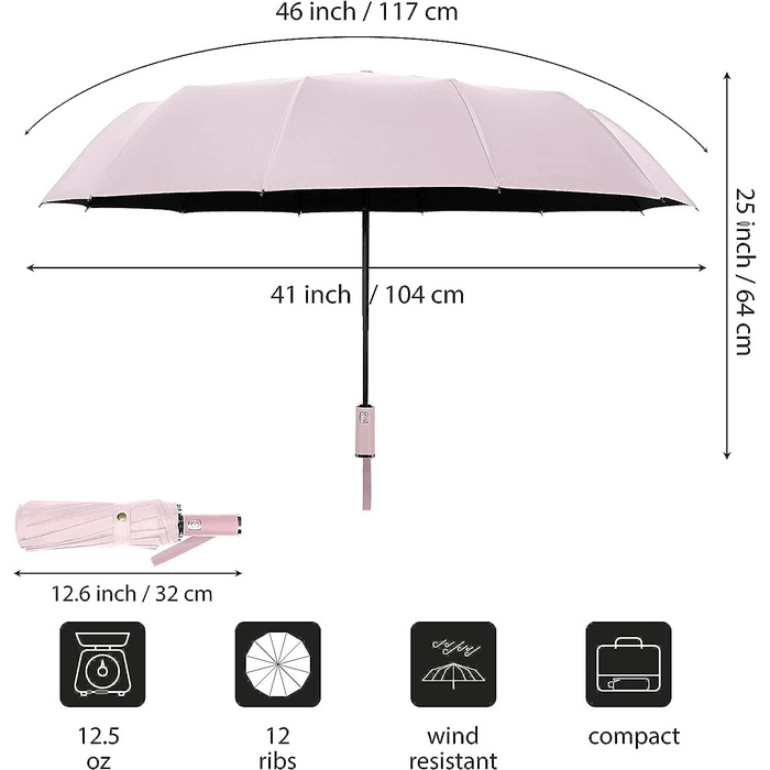 Ультрафіолетова парасолька від дощу, 12 ребер Компактна складна парасолька для подорожей для жінок Чоловіки Діти, Автоматичне відкриття Закрити Компактні складні парасольки дощу для щоденного використання, Портативна вітрозахисна парасолька 2 в 1 Парасоль