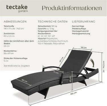 Шезлонг Tectake® з поліротангу, регульована спинка, для саду, балкону та тераси - чорний