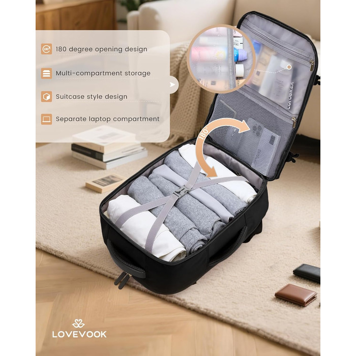 LOVEVOOK Рюкзак для ручної поклажі 40L, рюкзак для подорожей для жінок, великий, для літака з відділенням для мокрого та сухого, для ноутбука 17.3
