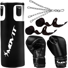 Набір боксерських груш MOVIT 25 кг, набитий, в т.ч. боксерська груша (висота 80 см x діаметр 30 см), боксерські рукавички 12 унцій, боксерські бинти, для дорослих, боксерські коробки, чорні або білі чорно-білі