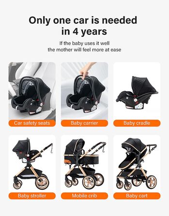 Дитяча коляска YAZOCO 3 в 1: Buggy, Babybett, Комплект. Легка складна коляска для новонароджених з алюмінієвим каркасом (5 Creme)