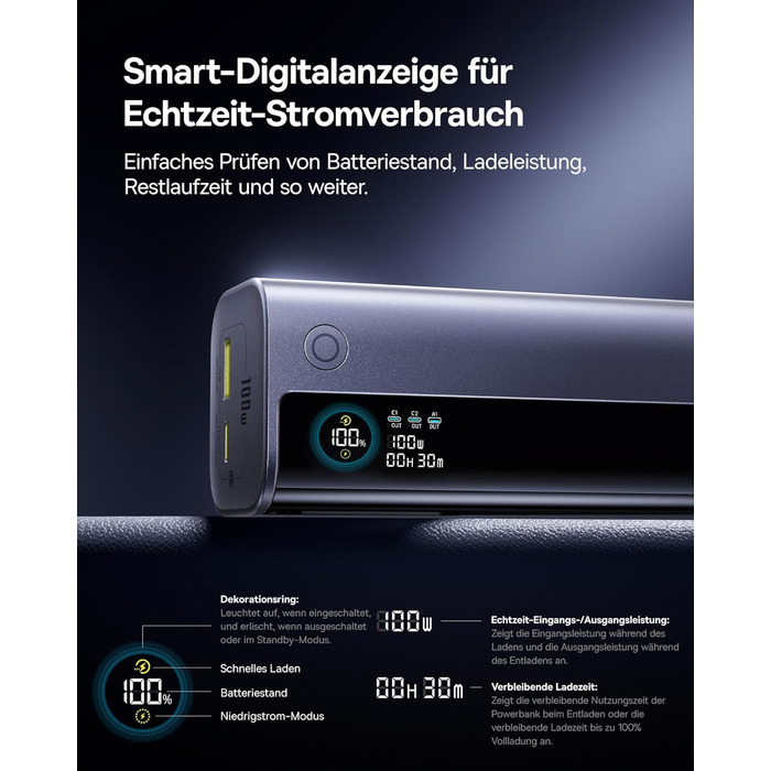 Powerbank Baseus EnerGeek для ноутбука: 100W, 10000mAh, 2x USB-C PD 3.0, Digital Display, сумісний з MacBook, Dell, HP, SteamDeck, iPhone, Samsung