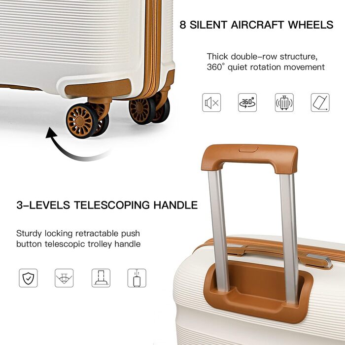 KONO Валіза ручної поклажі: жорсткий корпус, поліпропілен, TSA-замок, 4 колеса, кремовий колір