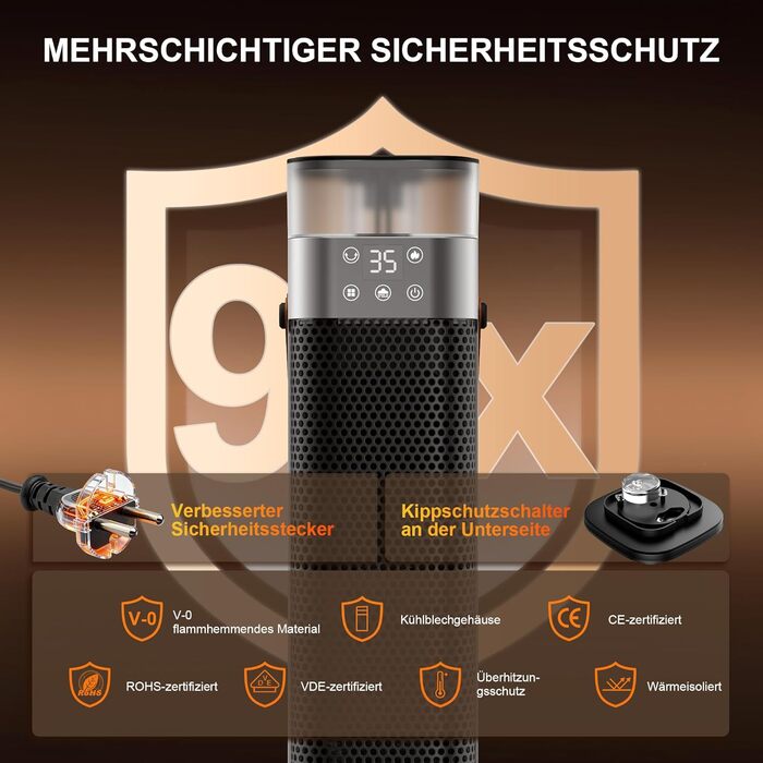 Електричний обігрівач з підігрівом, 2000W, PTC керамічний, з функцією зволоження, пульт дистанційного керування, 75° осциляція, 3 режими підсвічування, ECO-режим, захист від перегріву та перекидання, таймер 12 год