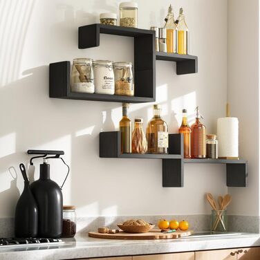 Полиця настінна SRIWATANA біла 5 шт., дерев'яна, плаваючі полиці до 40 кг, сучасна настінна полиця для декору, DIY монтаж для вітальні, ванної, спальні, офісу, кухні (Чорний)