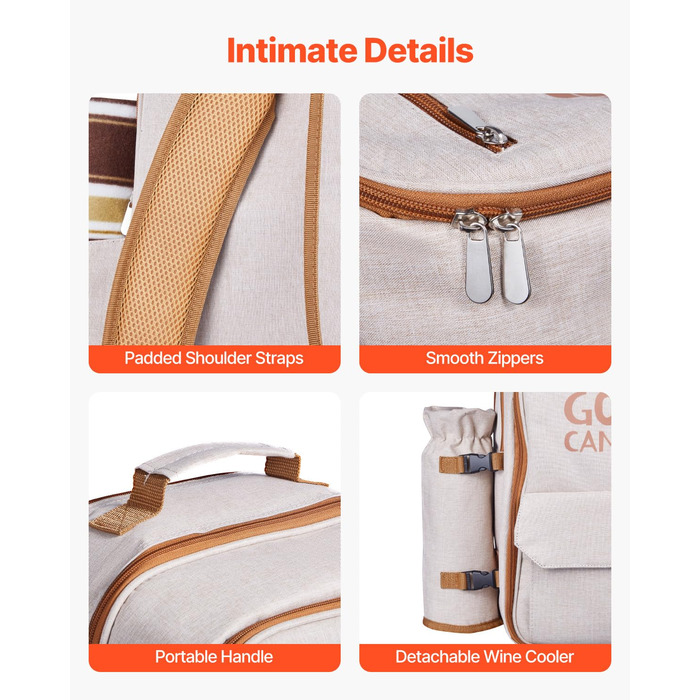 Рюкзак для пікніка VEVOR на 4 особи (20 л) з ізольованим холодильником, підстаканником/для вина та комплектом посуду для кемпінгу та пікніків, бежевий