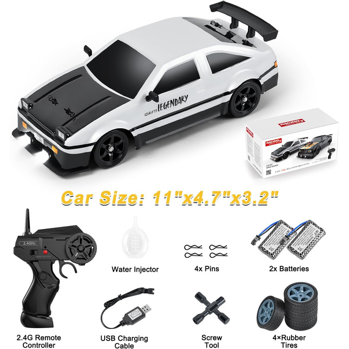 RC Drift Car Mostop 1:16 2.4Ghz – Радіокерована модель для дрифту зі світлодіодами, розпилювачем, 2 акумуляторами та додатковими шинами, швидкість 18 км/год, 4WD для дітей та хобі