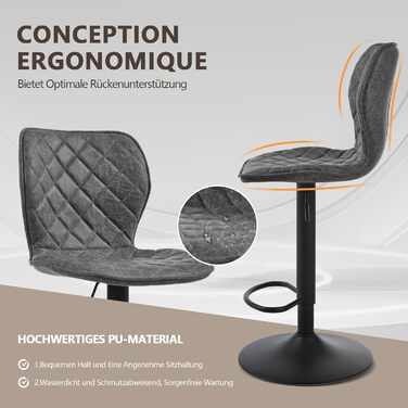 Набір барних стільців 4 шт. регульовані по висоті з підлокітником та підставкою для ніг – 360° обертання, PU шкіра, оббивка, металевий каркас для кухні, стійки, їдальні, вітальні, чорний