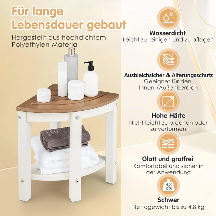 Лавка для душу Costway з поличкою, коричнево-біла, 32.5x32.5x43.5 см, до 165 кг