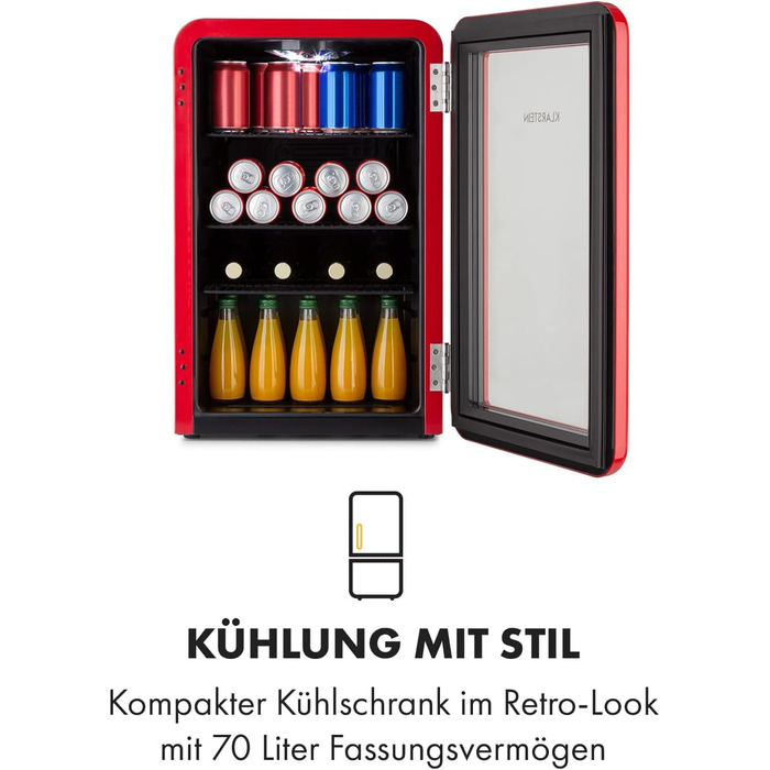 Klarstein Mini-холодильник з скляною дверцятами, 48 л, для кімнати та офісу, з висувною полицею, тихий, 0-10°C, червоний