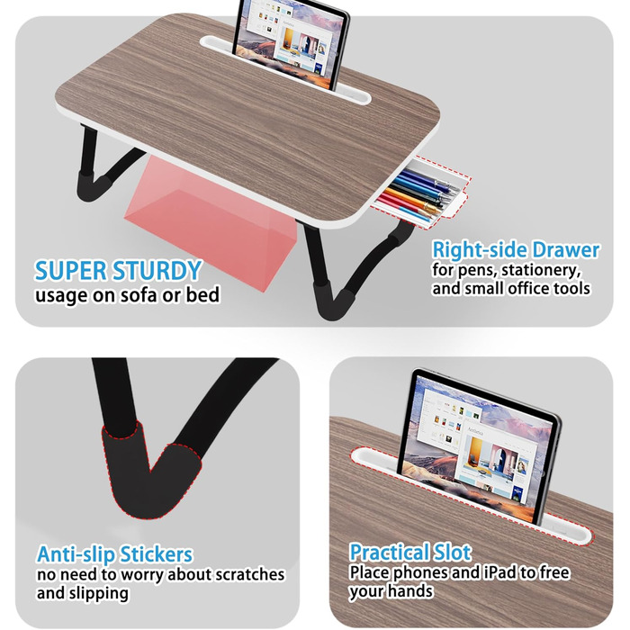 Столик для ноутбука в ліжко, столик для роботи, Homeoffice, підставка для ноутбука на диван, піднос-столик (Компактний, Коричневий, 48x30 см)