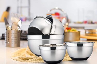 Набір мисок Homikit, 5 шт. з нержавіючої сталі, з кришкою та силіконовим дном, мультифункціональний, для салатів, 6.6L / 3.5L / 2.5L / 1.5L / 1L, чорний