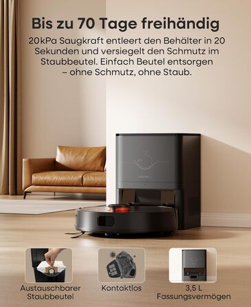 Робот-пилосос з функцією миття 5000Pa, потужний робот-пилосос з базою для самостійного очищення 3.5L, час роботи до 180 хвилин, навігація LiDAR, для збору шерсті тварин та прибирання килимів, керування через додаток, чорний