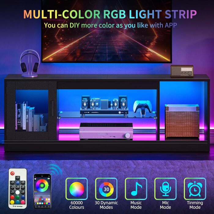 Тумба під ТБ YITAHOME з RGB-підсвічуванням, білий колір, 106x50x35 см. Тумба під телевізор з полицями та скляною полицею для телевізорів до 43 дюймів. Підходить для вітальні та спальні.