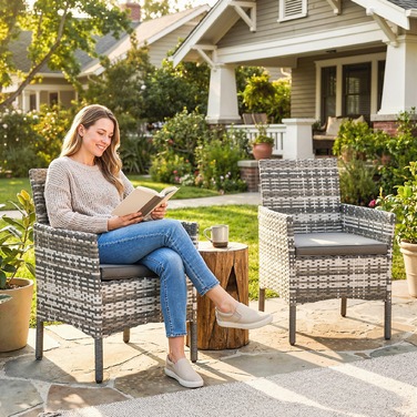 Набір з 2 садово-розкішних крісел з ротангу (поліротанг) для саду. Включає 2 крісла, знімні подушки та сталевий каркас. Колір: сірий.