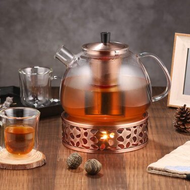 Оригінальний Срібний чайник ecooe з боросилікатного скла зі знімним ситечком з нержавіючої сталі 18/8, термостійкий для чорного чаю, зеленого чаю, фруктового чаю, ароматизованого чаю, чайний пакетик (Type2, бронза, 1500 мл)