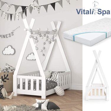 Ліжко VitaliSpa Teepee Teampee, біле, 148 x 76 см з огорожею та матрацом біле з огорожею