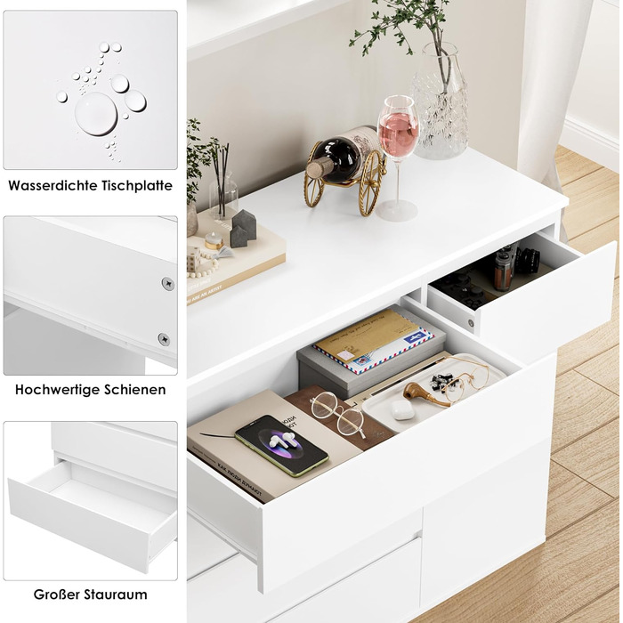 FOREHILL Комод білий з 5 шухлядами та 1 дверцятами, 100x40x80 см. Комод для спальні, вітальні, кабінету, передпокою