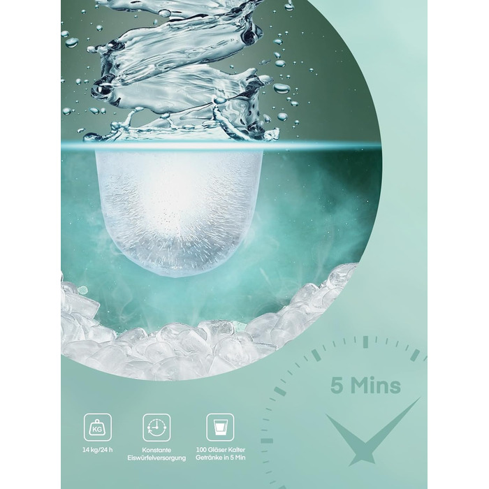 Льодогенератор FOHERE 14 кг/добу, швидке виробництво льоду (5 хв), 2 розміри кулеподібного льоду, самоочищення, м'ятний колір