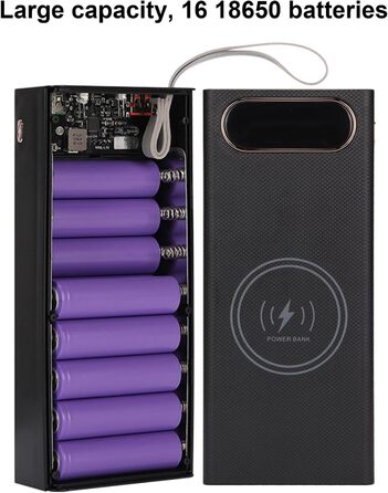 Корпус Zunate Power Bank, Акумулятор 16 шт. для самостійного виготовлення, швидка зарядка 22,5 Вт, бездротовий зв'язок 15 Вт, LCD, Micro/Type-C/USB