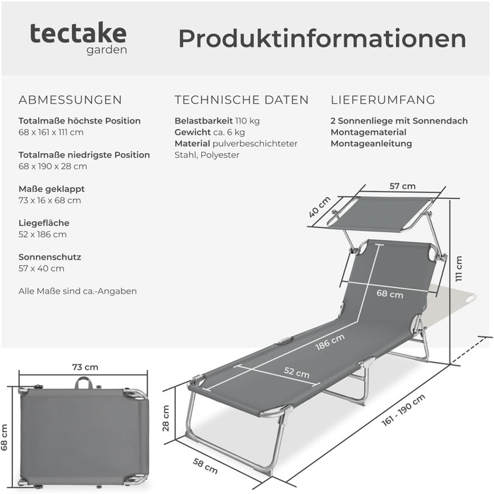 Шезлонг для саду Tectake 2 шт. з сонцезахистом, розкладний, для балкону/тераси, регульована спинка, до 110 кг, сірий