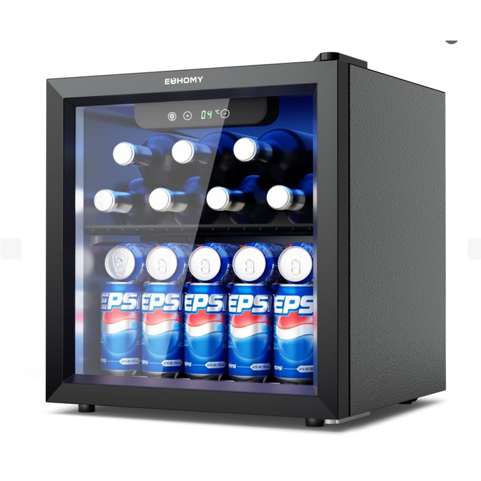Міні-холодильник EUHOMY для напоїв на 55 банок з скляною дверцятами, чорний. Ідеально для офісу, кімнати, бару. Об'єм 36L, рівень шуму 43dB, LED-підсвітка.