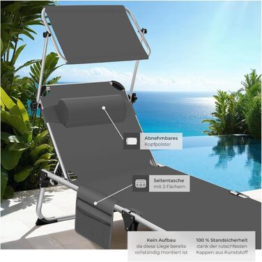 Шезлонг Tectake з дахом, балконний шезлонг з алюмінію, складний садовий шезлонг, стійкий до погодних умов, шезлонг для саду, кемпінгу та пляжу, регульована спинка, подушка для голови, бічна кишеня - сірий меланж (сірий)