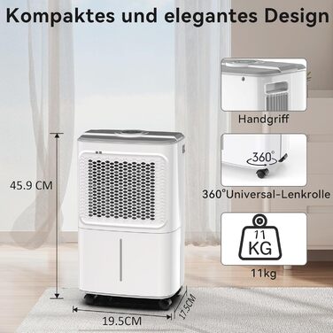 Електричний осушувач повітря Crecolife 12L/24h, 190W, для приміщень 20м², з цифровим дисплеєм та сенсорною панеллю управління, 3 режими осушення, 2 варіанти зливу, таймер 24h