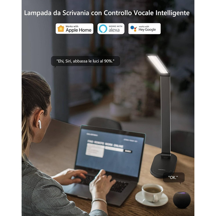 Розумна світлодіодна настільна лампа VOCOlinc, бездротова зарядка 10 Вт, HomeKit/Alexa/Google, затемнення, таймер (DL2201)