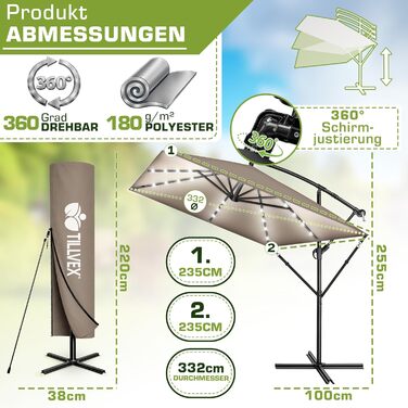 Прямокутна садова парасолька tillvex® Alu 330 см з LED-підсвіткою, ручкою та чохлом, колір Капучино — Алюмінієвий зонт-ампел з стійкою, захистом від вітру та UV-променів, водонепроникний, поворот на 360°