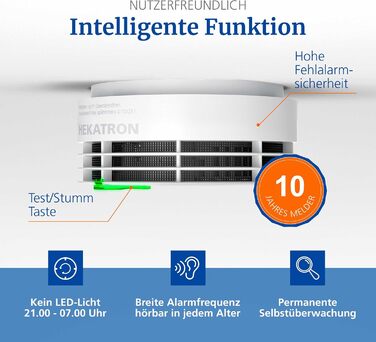 Датчик диму Hekatron Genius Plus з батареєю на 10 років – Тест-переможець Stiftung Warentest – Зроблено в Німеччині – з клейкою підкладкою – з підтримкою додатку – 1 шт.