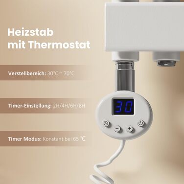 Електричний рушникосушар EMKE з термостатом, 1320x500 мм, білий, 800W