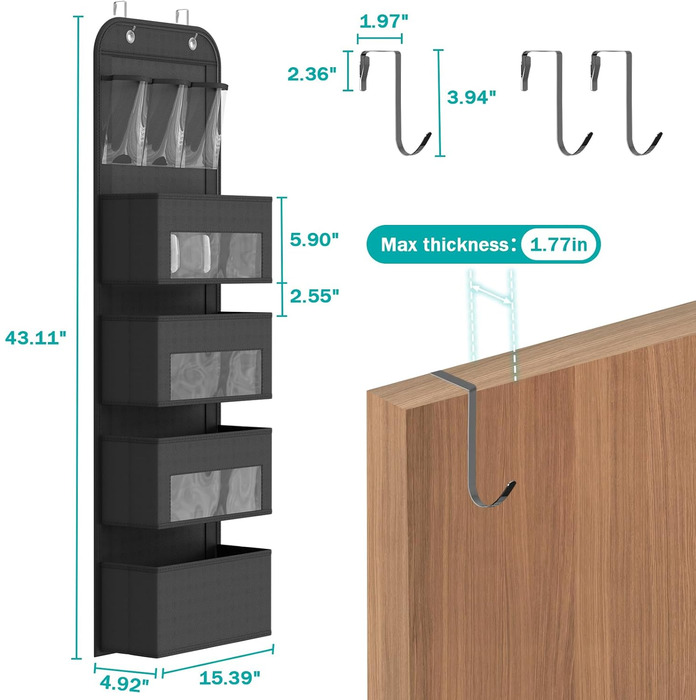 Дверний органайзер YOUDENOVA з 4 кишенями, 3 кишені з ПВХ, 2 гачки, полиця для підвішування дверей, сірий