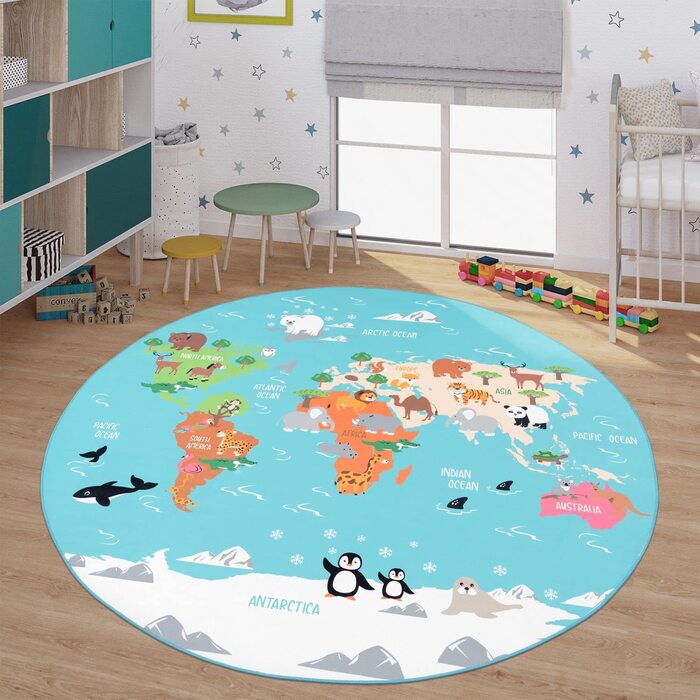 Дитячий килимок, ігровий килимок для дитячої кімнати, Карта світу із зображенням тварин зеленого кольору, розмір (160x220 см)
