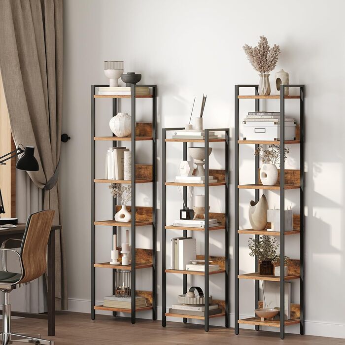 Стелаж MAHANCRIS ABKHR6601N1 з 6 полицями, 24 x 33 x 157,5 см, для вітальні, спальні, офісу, з металевим каркасом, рустичний колір, коричнево-чорний