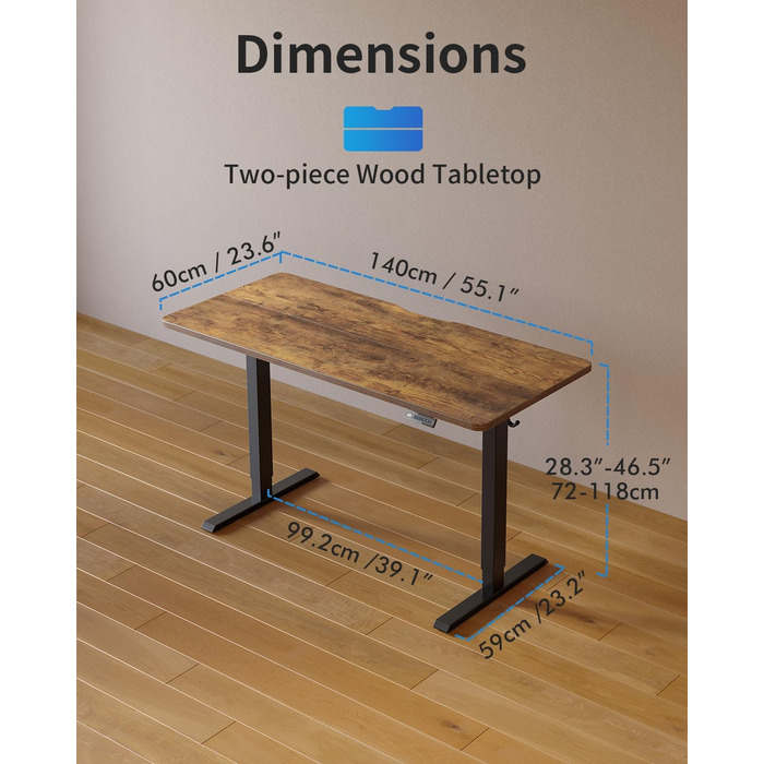 Електричний стіл CUBICUBI з регулюванням висоти, 140 x 60 см. Стельовий стіл з T-подібними ніжками зі сталі, пам'ять керування, антиколізійна система, чорний каркас/коричнева стільниця