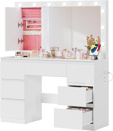 Дзеркальний туалетний столик Airfish з LED-підсвіткою та великим дзеркалом, 120x40x140 см. Туалетний столик з шухлядами та косметичним ящиком для спальні, білий