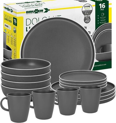 Набір посуду BRUNNER Melamin Camping | 12 предметів - тарілки та миски для 2-4 особи | DOLOMIT Midday - Складається, стійкий до подряпин (ланч-бокс 16 предметів)