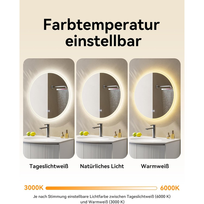 Дзеркало для ванної кімнати HOROW круглої форми з підсвічуванням, 80 см, LED, регулювання кольору світла (холодне, тепле, нейтральне), диммування, антизапар, без рами, IP44, енергозберігаюче (60x60 см)